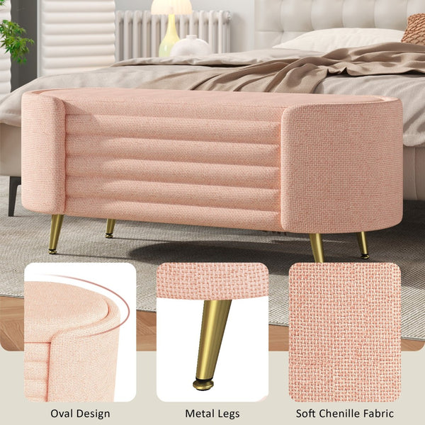 English Elm Modern Boucle Tufted Storage Ottoman Bench with Gold Legs for Bedroom or Entryway Pink N719P305628P