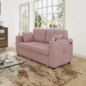 English Elm Sofas for Living Room Chenille Three Seat Couch with Usb Charging Storage and Cup Holder Pink W395S00147