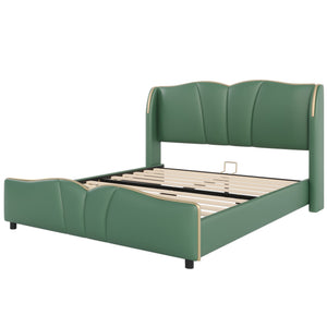 English Elm Christopher Knight Home® - Queen Plush Leather Upholstered Bed Frame with Wingback Headboard, Wavy Footboard, Quiet Support Dark Green 85.2 L x 9.8 W x 3.25 H N761S0000016F