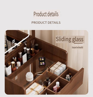 English Elm (48cm)(Walnut) 3-in-1 Vanity Desk with Lighted Flip Mirror, Glass Top, 3 Drawers & Stool, Compact Elegance W2641P305275