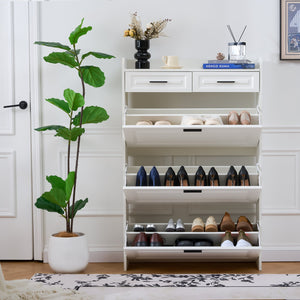 English Elm Two drawer three-fold shoe cabinet with ample vertical shelving, smooth finish, compact entryway storage White W3871P368975