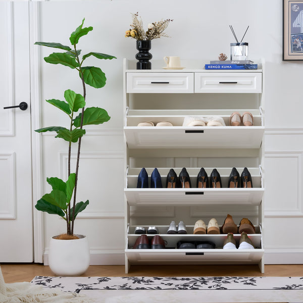 English Elm Two drawer three-fold shoe cabinet with ample vertical shelving, smooth finish, compact entryway storage White W3871P368975