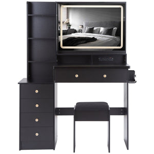 English Elm 41" Large Vanity Table Set With Cushioned Stool, Led Touch Mirror, Power Station & Dryer Stand W936P230831