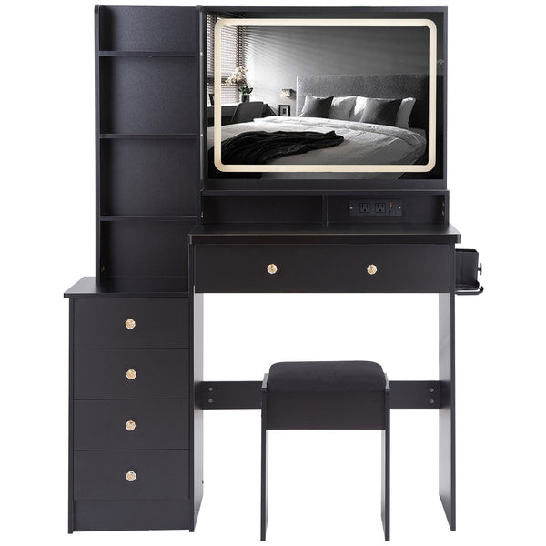 English Elm 41" Large Vanity Table Set With Cushioned Stool, Led Touch Mirror, Power Station & Dryer Stand W936P230831