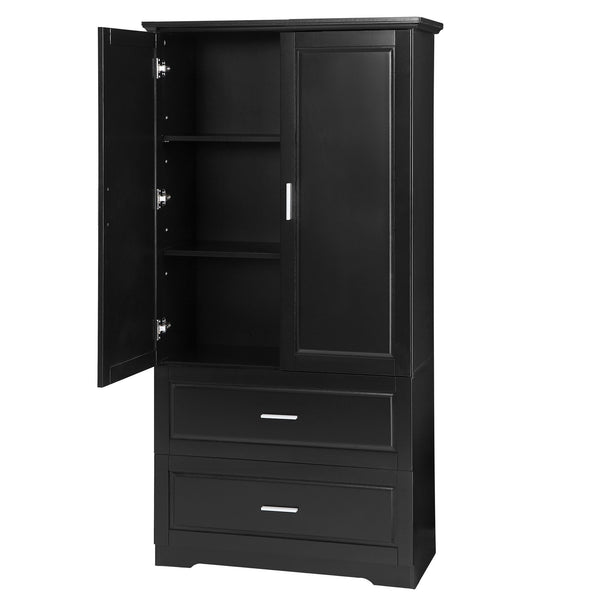 English Elm Tall Bathroom Storage Cabinet – Slim Black MDF Organizer with 2 Doors, 2 Drawers, Adjustable Shelves, Anti-Tip Device N725P172882B