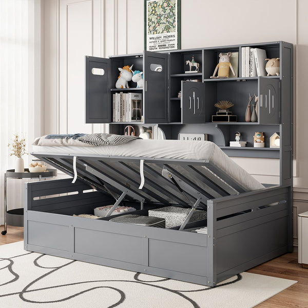 English Elm Full Size Wooden Daybed With Hydraulic Lift, Integrated Storage Cabinet & Shelves In Gray Finish N820S00047E
