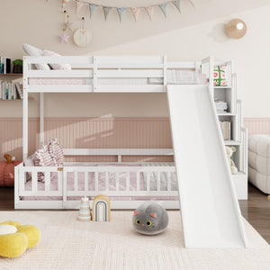 English Elm Twin Over Full Bunk Bed Solid Pine Frame with Built-in Slide and Storage Staircase White W504S00290