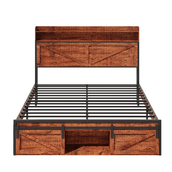 English Elm Queen-size Platform Bed with Led Headboard Storage Footboard and Built-in Charging Brown W5026P429527