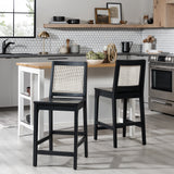 Solid Wood Counter Stool with Rattan Back Insert - Set of 2 Black CATD7DBL Walker Edison