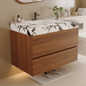 English Elm 29.9" Floating Bathroom Vanity Sintered Stone Top Soft Close Drawers Bronze Gold Hardware W3136S00040