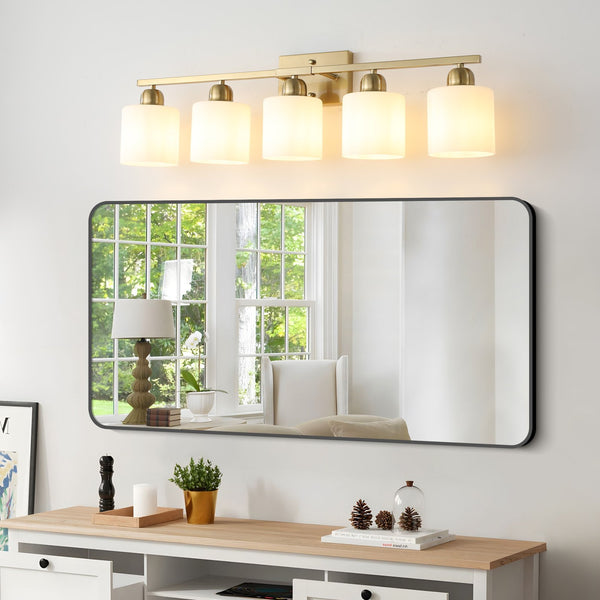 English Elm Gold 5-Light Modern Vanity Light Fixture Over Mirror With Frosted Glass Shades For Elegant Illumination W2312P374857