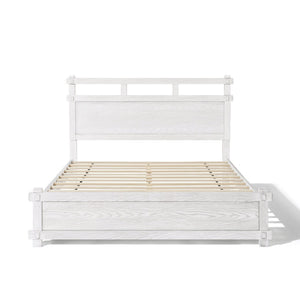 English Elm Queen Farmhouse Platform Bed Antique White Wood Grain Two-tiered Headboard Solid Frame N758P369329W
