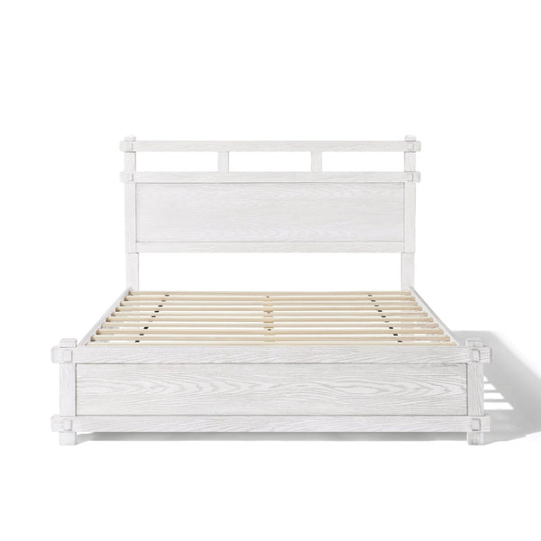 English Elm Queen Farmhouse Platform Bed Antique White Wood Grain Two-tiered Headboard Solid Frame N758P369329W