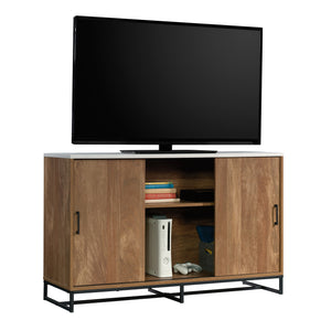 English Elm Credenza, Versatile Brown Finish Storage Cabinet With Adjustable Shelves & Modern Metal Base B356P402725
