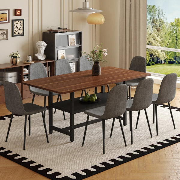 English Elm Table Set: 71" Walnut Grain Dining Table With 8 Dark Gray Linen-Cotton Chairs For Modern Homes W1151S04295-GIGA