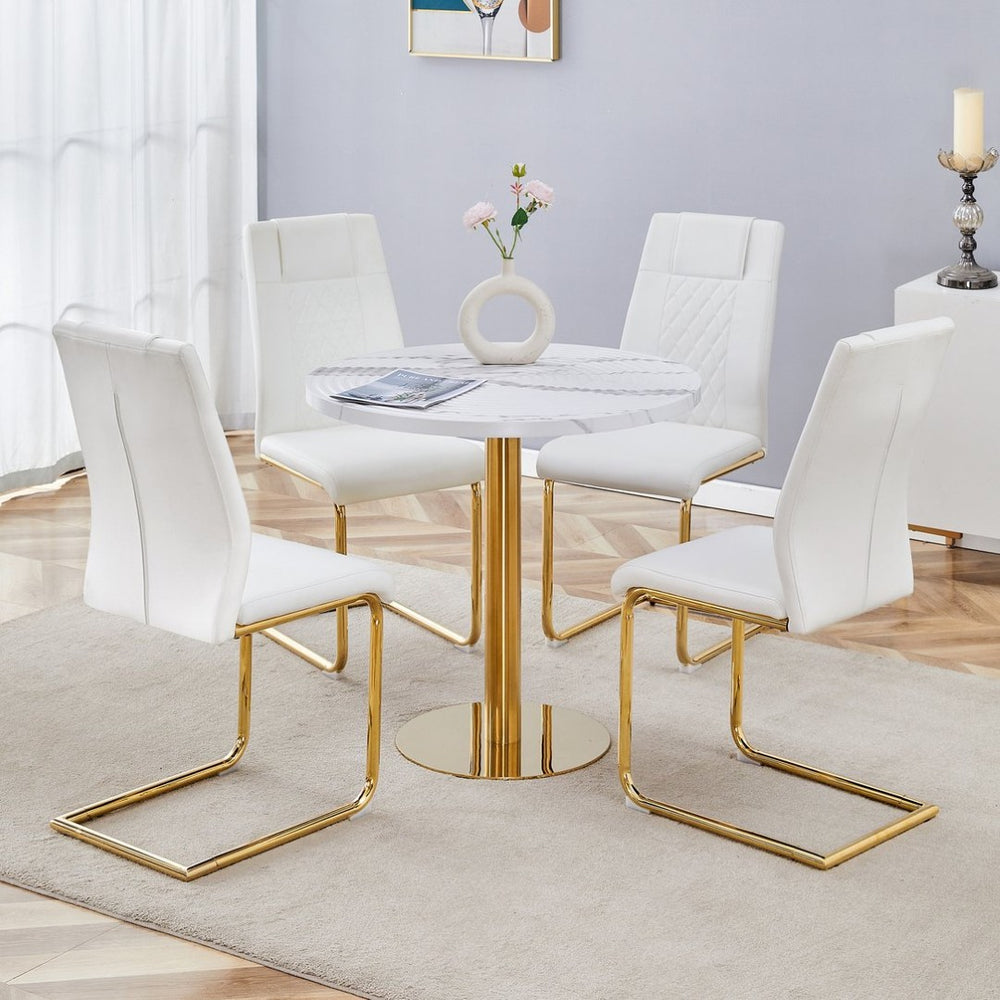 English Elm Table 5-Piece Set: Elegant White Marble Round Dining Table With Gold Legs & 4 Pu Upholstered Chairs W1151S02491-GIGA