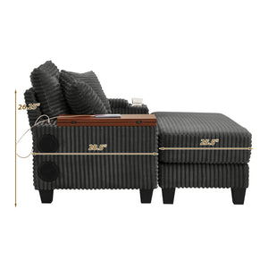 English Elm Fluffy Corduroy Single Sofa with Ottoman Bluetooth Speaker Usb Port and Rotating Tray W3705P476390