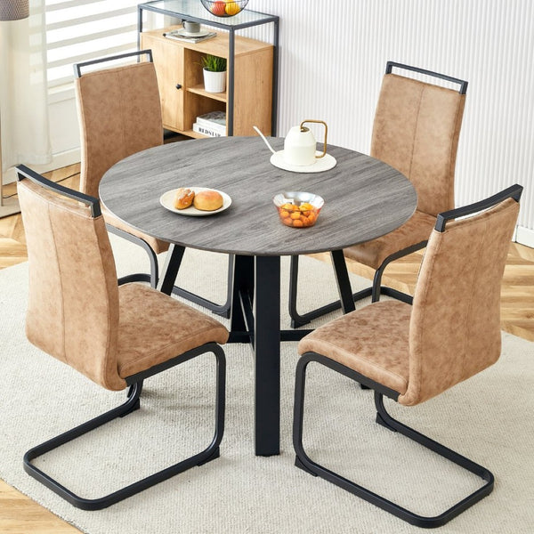 English Elm Table Modern Minimalist 5-Piece Dining Set - 42" Round Gray Mdf Table & 4 Brown Fabric Chairs W1151S03022-GIGA
