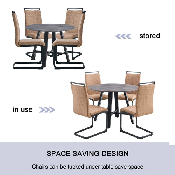 English Elm Table Modern Minimalist 5-Piece Dining Set - 42" Round Gray Mdf Table & 4 Brown Fabric Chairs W1151S03022-GIGA