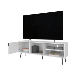 English Elm Mescal modern TV stand with concealed door and open shelving, conical legs, sleek storage center White 68.5 L x 20.9 W x 5.1 H B128P263710
