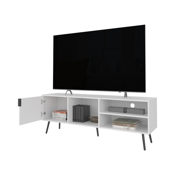 English Elm Mescal modern TV stand with concealed door and open shelving, conical legs, sleek storage center White 68.5 L x 20.9 W x 5.1 H B128P263710