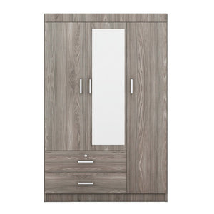 English Elm 3-door Wardrobe with Full Length Mirror Lockable Drawer and Bedroom Shelf Storage Gray LP006601AAE