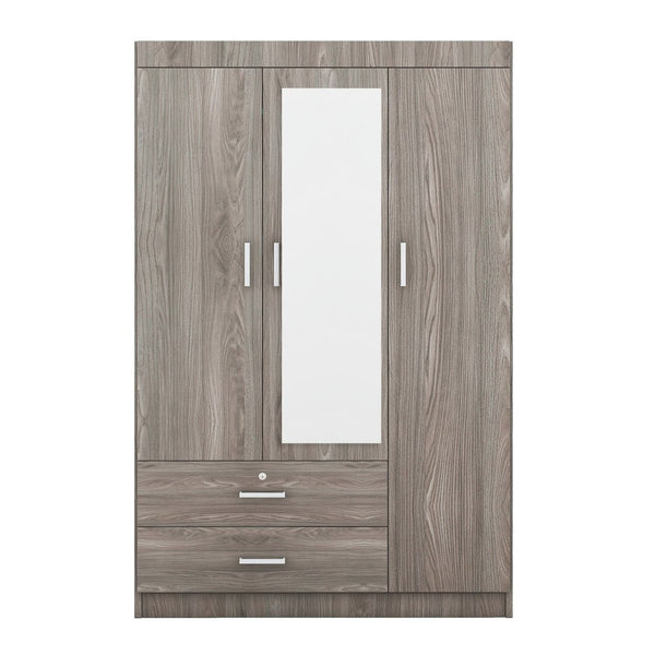 English Elm 3-door Wardrobe with Full Length Mirror Lockable Drawer and Bedroom Shelf Storage Gray LP006601AAE