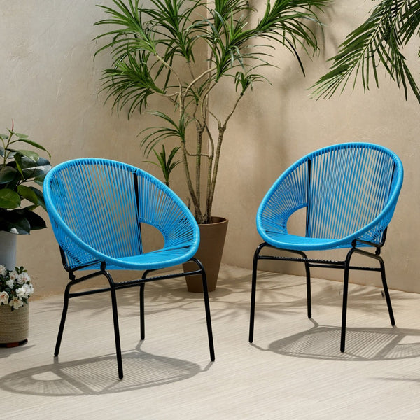 English Elm Nusa Outdoor Woven Rattan Basket Chair with Iron Legs for Modern Patio Spaces 66626.00BLU