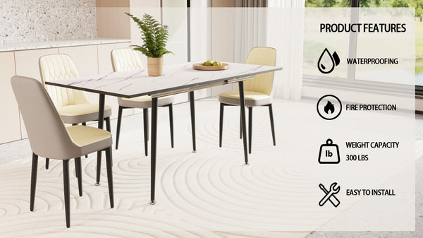 English Elm 47"-63" Expandable Dining Table Set For 2-6 With Modern Black Legs & Plush Pu Upholstered Chairs W2189S00256