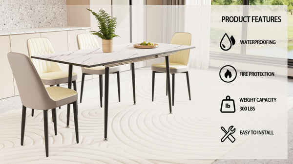English Elm 47"-63" Extendable Mdf Dining Table Set with Pu Cushioned Chairs and Black Metal Legs W2189S00923