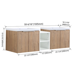 English Elm 60 Inch Wall Mounted Vanity with Dual Resin Sinks, Soft Close Doors, Metal Handles & Shelves Durable Finish Imitative Oak W999S00186