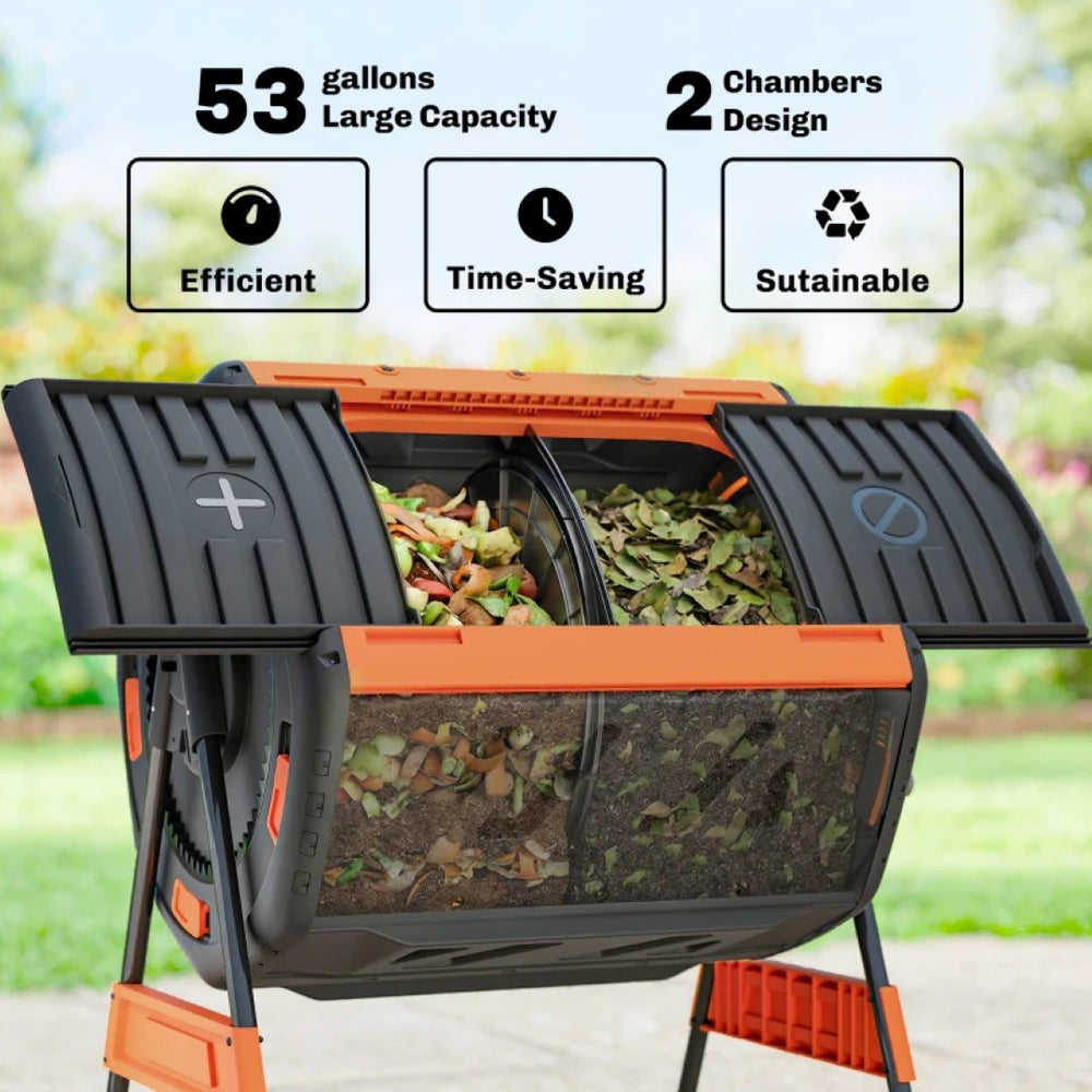 English Elm Dual Chamber Tumbling Composter with 53 Gallon Rotating Drums on Powder Coated Stand Black+Orange T3971P467360