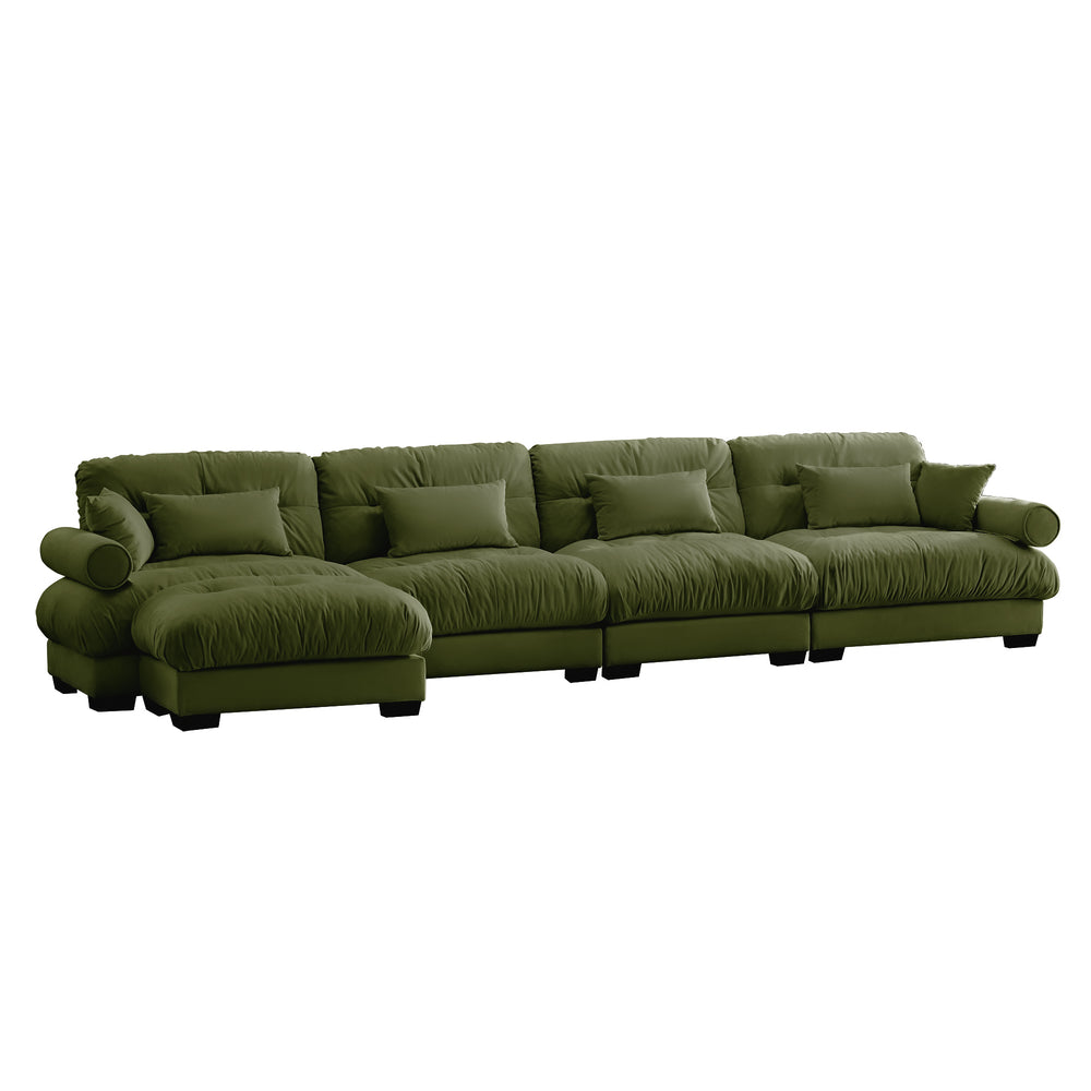 English Elm L L Shaped Sectional Cloud Sofa with Velvet Upholstery, Deep 4-Seater Modular Comfort, Luxe Bolster Support Olive Green W714S01111