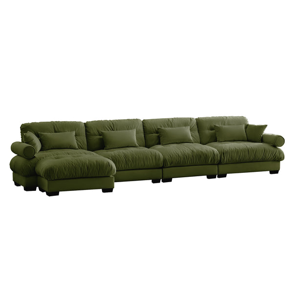 English Elm L L Shaped Sectional Cloud Sofa with Velvet Upholstery, Deep 4-Seater Modular Comfort, Luxe Bolster Support Olive Green W714S01111