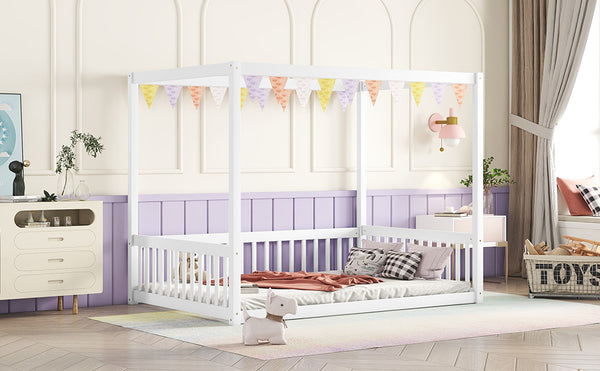 English Elm Full Full Size Canopy Frame Rubber Wood Floor Bed with Fence Guardrails White – Imaginative Kids Retreat, 400 lb Capacity, Malaysian Craftsmanship W504P364861