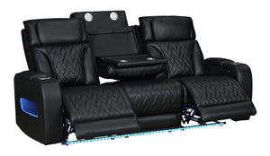 English Elm Jazmina Power Reclining Sofa Leather Aire Quilted Media Room Seating with Led Lighting Black B2749P413351
