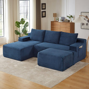 English Elm L-shaped Cloud Sectional Corduroy Sleeper Sofa Deep Pocket Spring Seat Modular Lounge W2339S00109