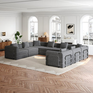 English Elm 8-seater Chenille Modular Floor Sofa Bed with Storage Pockets for Bedroom or Study W3505S00008