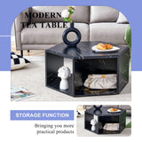 English Elm Modern Minimalist Black Hexagonal Coffee Table Set.Hexagonal Mdf Coffee Table, Characteristic Pattern Stickers, Multi-Hole Design To Give More Storage Space.Two Coffee Tables Of Different Sizes.