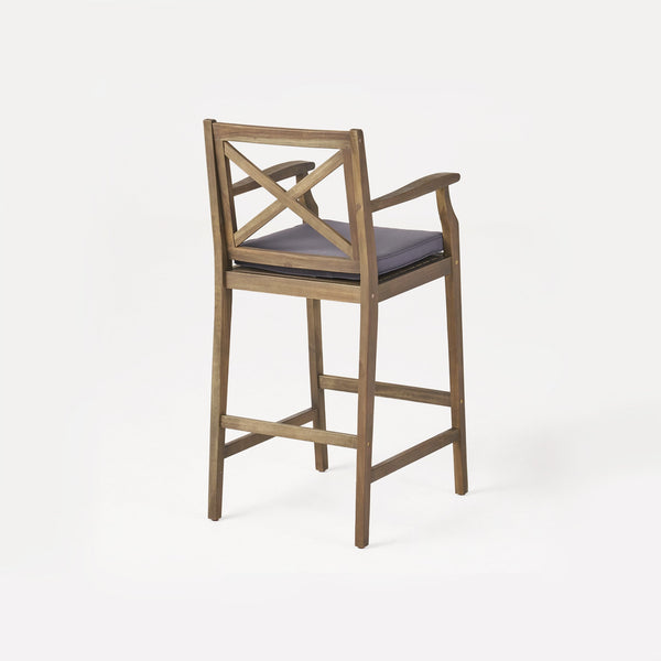 English Elm Christopher Knight Home® - PERLA Acacia Wood Outdoor Barstool Set of 2 with Water-Resistant Cushions, Cross-Back Farmhouse Charm Grey 63748.00GGRY