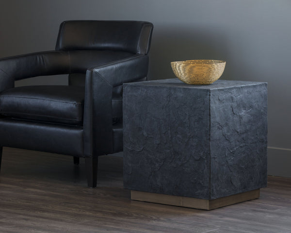 Sunpan Newbury Concrete End Table - Black Slate Effect Finish with Elegant Brass Base for Modern Decor