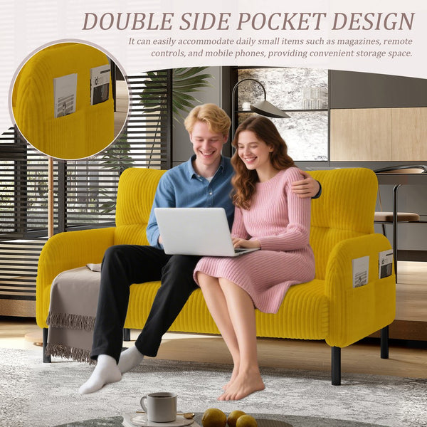 English Elm UNITED Corduroy Double Sofa with Ergonomic Support, High-Rebound Springs, Side Pockets, 500lb Capacity Yellow W1568P307269