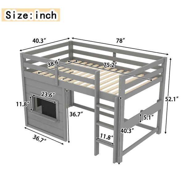 English Elm Twin Loft Bed House Frame with Sliding Chalkboard Built-in Bookshelf and Safety Rails Gray W1580S00320