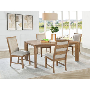 English Elm Natural Brown Ash Veneer Rectangular Dining Set with Six Ladder Back Upholstered Chairs B062S01818