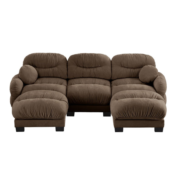 English Elm Pleated Chenille U-shape Sectional Sofa with Ottomans Ergonomic Foam Curved Armrests Brown W5656S00060