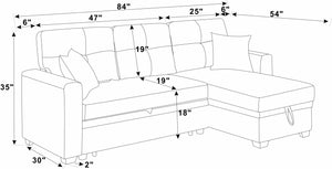 English Elm Upholstered Sleeper Sofa with Chaise & Under-Seat Storage, Reversible L/R, Modern Compact Design Blue B355S00006