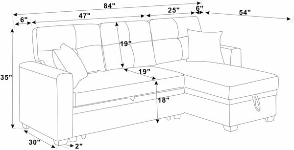 English Elm Upholstered Sleeper Sofa with Chaise & Under-Seat Storage, Reversible L/R, Modern Compact Design Blue B355S00006