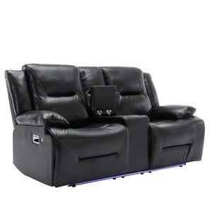 English Elm 2 Seater Home Theater Recliner with LED Light Strip, Dual Cup Holders & Hidden Storage Box, Comfortable Manual Reclining Seating for Living Room Black WF323622AAB