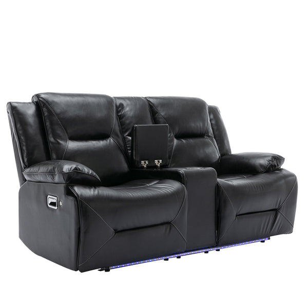 English Elm 2 Seater Home Theater Recliner with LED Light Strip, Dual Cup Holders & Hidden Storage Box, Comfortable Manual Reclining Seating for Living Room Black WF323622AAB
