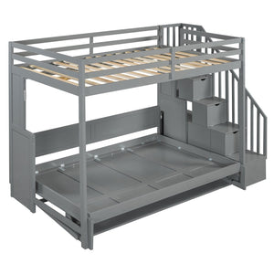 English Elm Full Over Murphy Bunk Bed with Hydraulic Lift Desk and Staircase Storage Gray LP200698AAE